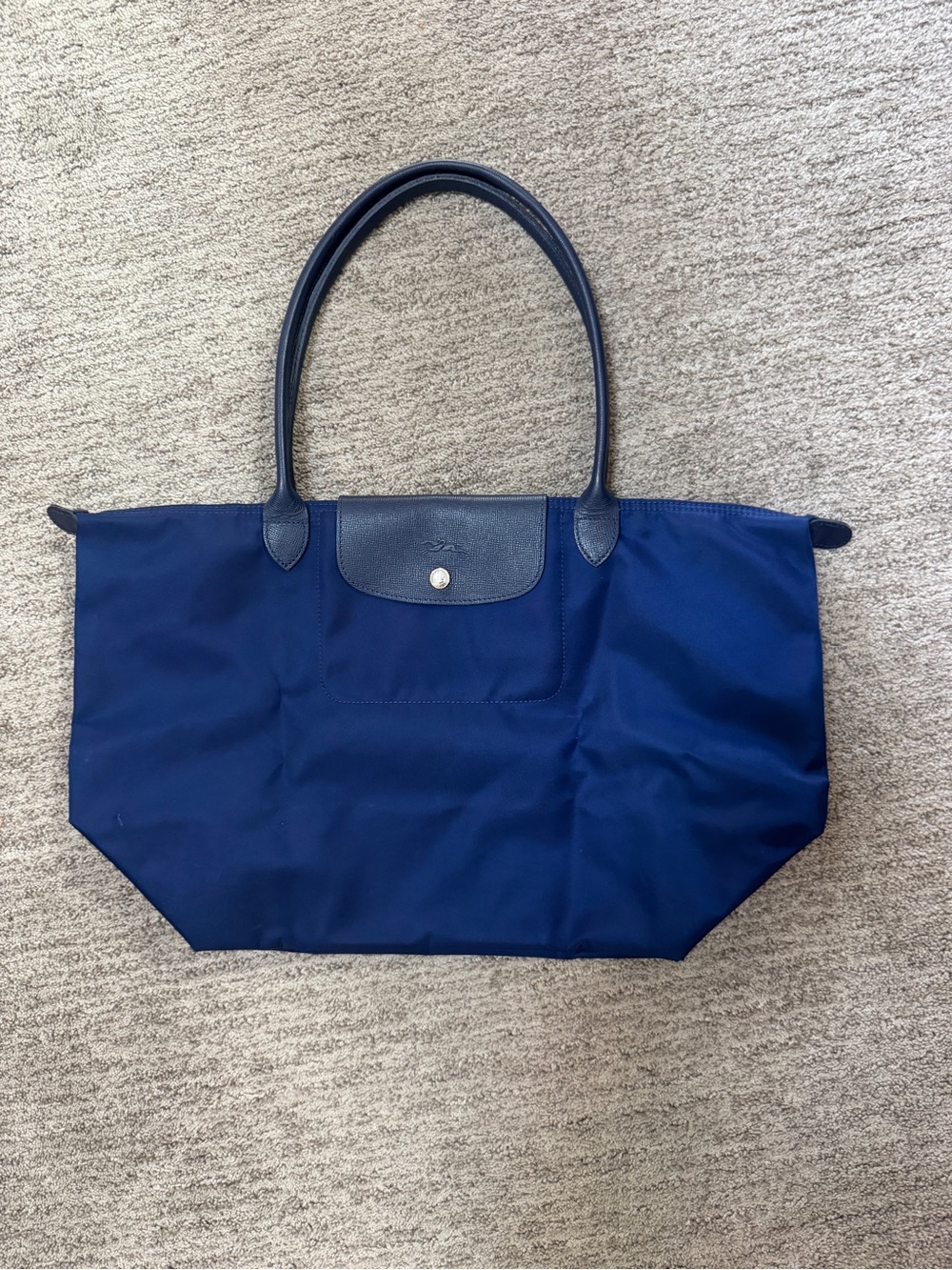 Longchamp Navy Le Pliage Collapsible Tote with Leather Trim